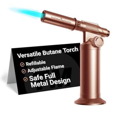 Imagem de ThermoMaven Isqueiro de tocha de butano, tocha de cozinha totalmente de metal, maçarico de cozinha recarregável, chama ajustável para alimentos culinários, Brulee, cozimento e solda, serve para todos