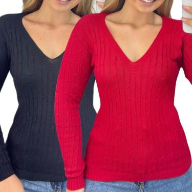 Imagem de Kit 2 Blusas Femininas Industrie Suéter Malha e Vermelho Tricô Manga Longa Tamanho:Único;Cor:-Feminino