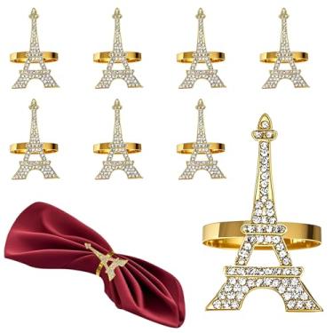 Imagem de Davifina Conjunto de 8 Porta-Guardanapos Dourados com Design Da Torre Eiffel, Fivelas de Guardanapos com Strass para Mesa de Jantar, Decoração de Casamento, Aniversário, Festa Em C (, Ouro)