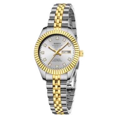 Imagem de NIBOSI Relógios femininos analógicos de quartzo com mostrador de aço inoxidável, pulseira de dois tons, dourado, prata, luminoso, à prova d'água, delicado, clássico, luxuoso, diamante, elegante