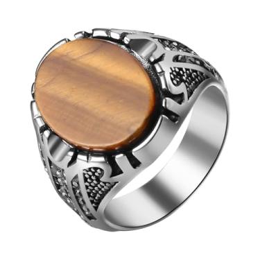 Imagem de Aroncent Anel oval vintage olho de tigre: anel de sinete de aço inoxidável - joia clássica para homens, Pedra olho de tigre, Olho de tigre