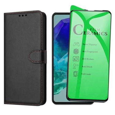Imagem de Capa Carteira Flip Case para Samsung Galaxy M55 com Película Protetora Cerâmica Premium, Suporte Ajustável, Cobertura total da tela, Preto