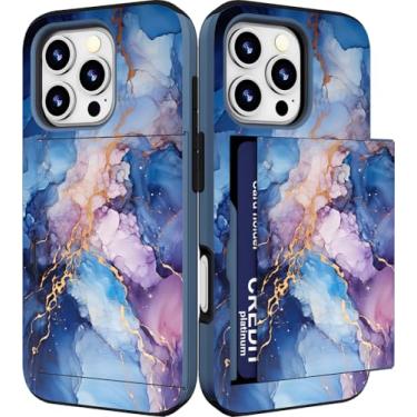 Imagem de IWONE Capa feminina compatível com iPhone 13 Pro Max com suporte para cartão com proteção contra quedas à prova de choque - pedra de mármore azul e roxa
