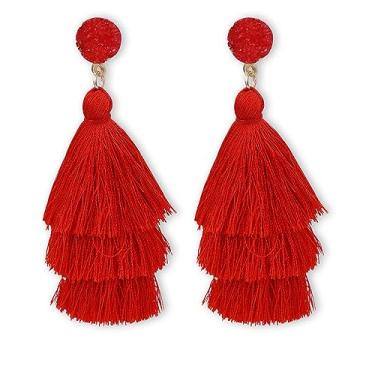 Imagem de Brincos modernos de borla em camadas, 3 camadas, com franja, para e Dia das Mães, Latão, Sem pedra preciosa