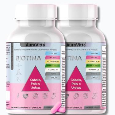 Imagem de Biotina Concentrada – Complexo B (B1, B5, B7, B9 Metilfolato) + L-Tirosina, Ferro, Zinco e Vitaminas A e E – Tratamento Capilar/Unhas/Pele AuraVitta - 120 Cápsulas - 4 meses