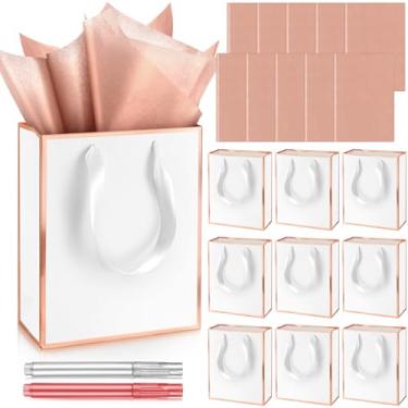 Imagem de Yeaqee Pacote com 10 sacos metálicos para presente de papel com alças de papel de seda de agradecimento 5 sentidos sacos de presente para ele, aniversário, casamento, chá de bebê, chá de bebê, chá de