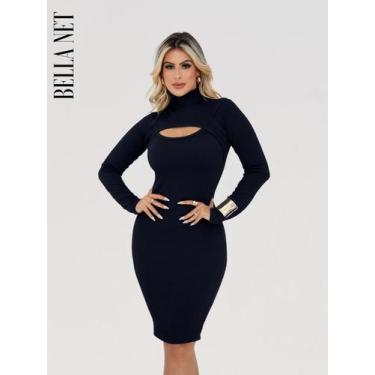 Imagem de Vestido Tubinho Manga Longa Gola Alta Decotado Moda Gringa - Laranja Q