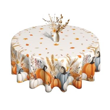 Imagem de KORVITA Toalha de mesa redonda de outono, 152 cm, colheita de outono, abóbora, orelhas de trigo, toalha de mesa lavável de microfibra, toalha de mesa decorativa, reunião de família para piquenique e