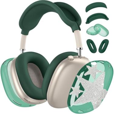 Imagem de [4 em 1] Capa para AirPods Max (2024/2020) Capa para fone de ouvido/capa para fones de ouvido com decoração de estrelas brilhantes para fones de ouvido Apple AirPods Max (Estrela verde-escura)