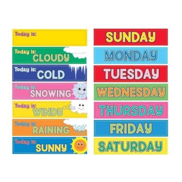 Imagem de Hygloss Pacote com 14 cartões diários de calendário de parede, 7 dias da semana e 7 cartões meteorológicos, decorações de calendário de sala de aula, 6,3 cm x 28 cm