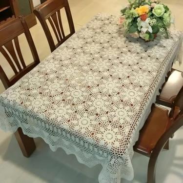 Imagem de USTIDE Toalha de mesa retangular de algodão feita à mão em crochê para mesa de chá/jantar 177 cm x 127 cm