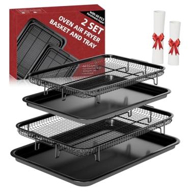 Imagem de Cesta de fritadeira a ar para forno, conjunto de cesta e bandeja de fritadeira a ar de forno de 48 x 32,5 cm com 30 peças de papel manteiga, frigideira THORSES de aço inoxidável engrossada e bandeja