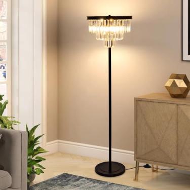 Imagem de Wellmet Luminária de chão preta de 4 luzes, luminária de pé de cristal moderna de 3 camadas para sala de estar, luminária de chão de cristal alta elegante com interruptor de pé para sala de leitura