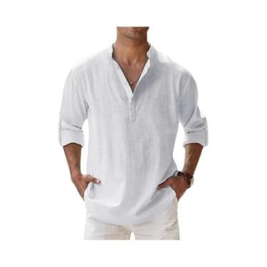 Imagem de Camisas Henley Masculinas Leves de Algodão e Linho - Estilo Casual par