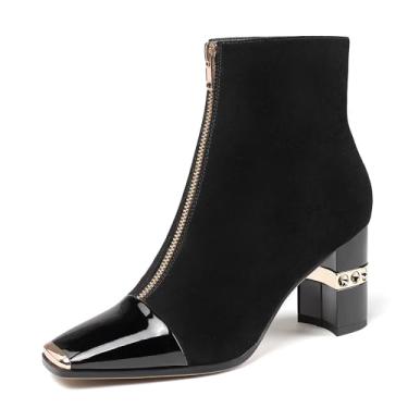 Imagem de XINIUNIU Bota feminina de cano baixo, salto grosso, bico quadrado, de metal, camurça, zíper frontal, 7,6 cm, vestido curto, Preto, 42