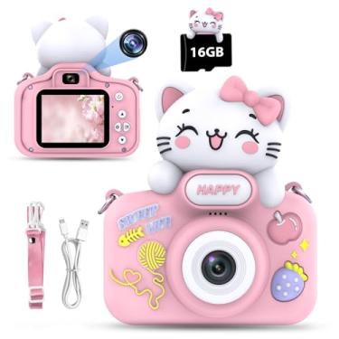 Imagem de Câmera infantil para crianças de 3 a 8 anos, câmera digital infantil para presentes de aniversário de 9, 10, 11, 12 anos, câmera de vídeo 1080p com capa protetora fofa e cartão SD de 16 GB