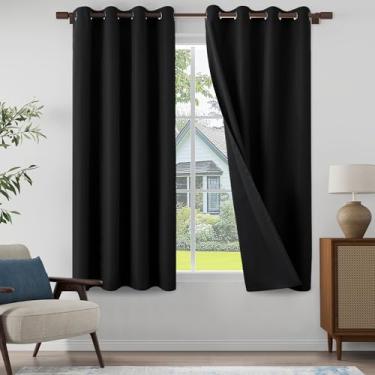 Imagem de Cortinas texturizadas de linho 100% blackout 182 cm de comprimento, conjunto de 2 painéis para sala de estar, quarto, cortinas leves com ilhós, proteção total de privacidade, preto, 132 cm L x 183 cm