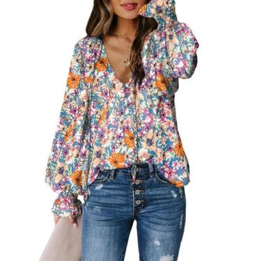 Imagem de Blusa feminina Biucly com decote em V, manga comprida, estampa floral,