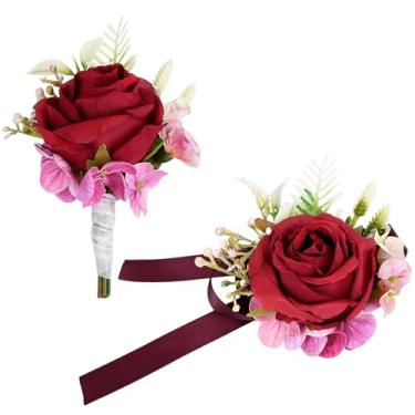 Imagem de MAFELOE Conjunto de 2 peças de corpete e flor na lapela, acessórios de flores artificiais, decorações de terno para baile, festa de casamento, celebração, evento de negócios - vermelho (W5-X1-MG-XY)