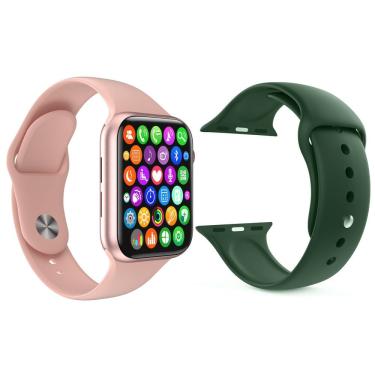 Imagem de Kit 1 Relógio Smartwatch Iwo9 Rosa + 1 Pulseira Verde Escuro