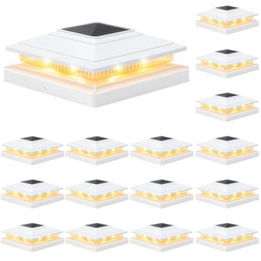 Imagem de APONUO Luzes solares com tampa de poste IP64, à prova d'água, 16 LEDs brilhantes, poste de cerca para deck, cerca, pátio, jardim, quintal, 2 modos, luz externa de longa duração para postes 10 x 12 x