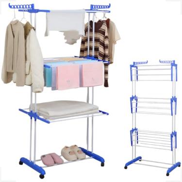 Imagem de Varal De Chão Retrátil 3 Andares Dobrável Reforçado Compacto Cor Azul