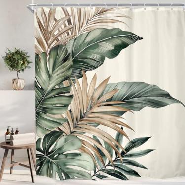 Imagem de KOMLLEX Cortina de chuveiro de folhas tropicais verdes para decoração de banheiro 182 cm L x 182 cm A retrô abstrata folha de palmeira Monstera planta natural marrom bege verão tecido botânico