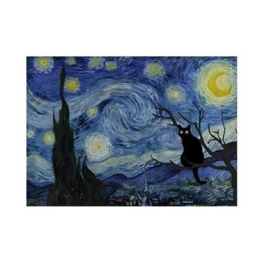 Imagem de Arte De Parede Em Lona Gato Noite Estrelada Abstrata Floral Colorida P