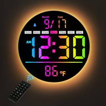 Imagem de HAITANG Relógio de parede digital grande de 20 cm com mudança de cor RGB e controle remoto, brilho automático, temperatura, horário de verão, luz noturna, alarme com modo de dia da semana/fim de