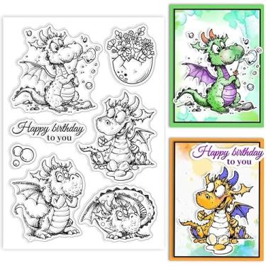 Imagem de Carimbo de plástico PVC com estampa de dragão de desenho animado 160 x 110 x 3 mm com motivo de dragão soprando bolhas, moldura transparente para scrapbooking, cartões, álbum de fotos, materiais de