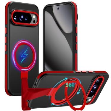 Imagem de TIANNIUKE Capa para Google Pixel 10 Pro XL, suporte magnético giratório de 360° com alça de silicone, adequado para capa de telefone MagSafe Mil-Grade à prova de choque translúcida fosca (vermelha)