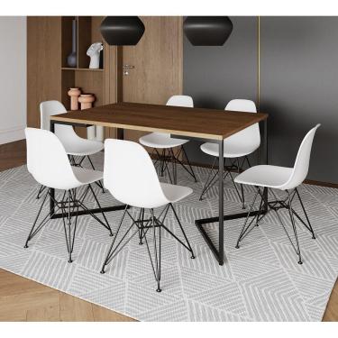 Imagem de Mesa Industrial Jantar Retangular 137X90Cm Amêndoa Base V Com 6 Cadeiras Brancas Ferro Amendoa
