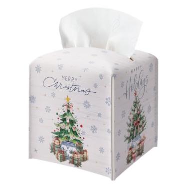 Imagem de Capa quadrada de caixa de lenços rosa de Papai Noel, suporte de caixa de lenços decorativa de árvore de Natal de floco de neve, dispensador de caixas de lenços de couro à prova d'água para banheiro