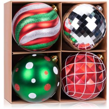 Imagem de Enfeites de bola de Natal grandes, vermelhos, verdes e brancos de 15 cm, pacote com 4 – Lâmpadas penduradas à mão luxuosas à prova de estilhaçamento para árvore de Natal, guirlanda, decorações de