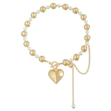 Imagem de BOOZIQ Colares de coração de ouro grosso para mulheres, colar com pingente de coração bufante, boêmio, pérola, colar de declaração, colar moderno, joia de presente, Zinco, Sem Pedra Preciosa