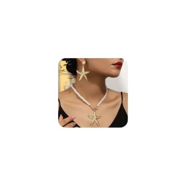 Imagem de BOOZIQ Conjunto de colar com pingente de estrela-do-mar dourado para mulheres, brincos e pulseira de pérolas barrocas, verão, oceano, praia, sereias, joias para mulheres, Choker Length, Liga de aço
