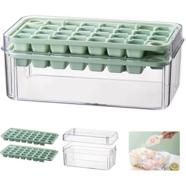 Imagem de Bandeja de Cubos Gelo com Tampa e Cesto Conjunto 2 Bandejas Balde Colher Fabricante Liberação Fácil para Freezer Produz 60 Peças Refrescar Cocktail Whiskey Chá Café Alimentício BPA Lavável em Lavadora
