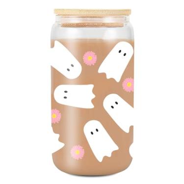 Imagem de Copo Ghost Halloween, copos de vidro de 473 ml com tampas e canudos, copos de café gelado com design de margarida para smoothie, presentes assustadores fofos de Halloween para mulheres, meninas