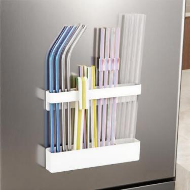 Imagem de Suporte magnético de canudo para armário, organizador de canudo de metal com fita adesiva dupla face, dispensador de armazenamento de canudos reutilizáveis para geladeira cozinha balcão porta de