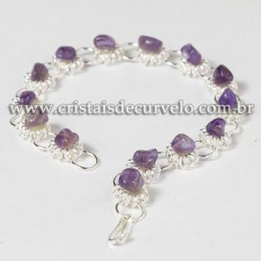 Imagem de 10 Pulseiras Margarida com Pedra Rolada de Ametista Prateado - ATACADO