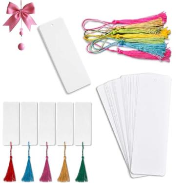 Imagem de Kit de 80 peças de papel kraft em branco para fazer cartolina com marcador de página personalizado, flores secas para artesanato e borlas de marcador, branco, (40 marcadores com 40 borlas) (retangular