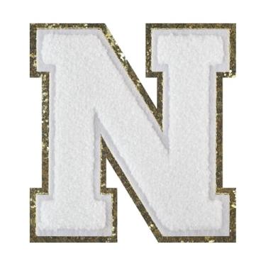 Imagem de 1 PÇ Patch de letra de chenille de ferro branco de 11,4 cm com borda dourada – Remendos do alfabeto para roupas, jaquetas, mochilas, chapéus para decoração personalizada, nome personalizado e