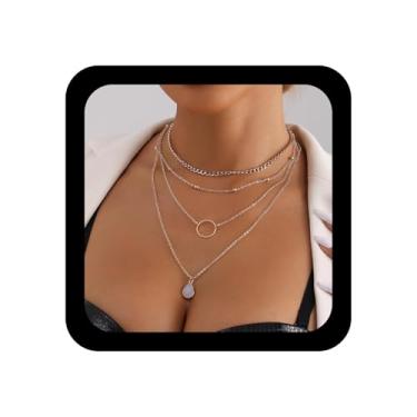 Imagem de Ximdble Colar vintage em camadas com pingente de lágrima, colar de argola circular, corrente de ouro, retrô, pedra da lua, gargantilha em camadas, joia feminina, Zinco, Sem Pedra Preciosa