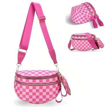 Imagem de Bolsa transversal quadriculada para mulheres, espaçosa bolsa xadrez de nylon com carteira removível, alça ajustável, pochete de grande capacidade, rosa, One Size, Xadrez