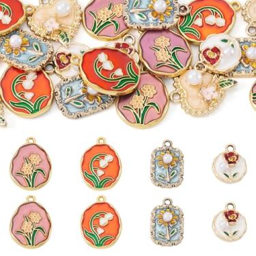 Imagem de Spritewelry Pingentes de flores esmaltadas, pingentes de flores de pintura a óleo 3D, pingentes dourados ocidentais para fabricação de joias, pingentes de esmalte vintage de liga para colar, pulseira