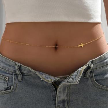 Imagem de Corrente de barriga cruzada minimalista para mulheres – joia de cintura dourada delicada, corrente corporal ajustável boho verão praia, joia sexy de cintura em camadas para festivais, biquíni e uso