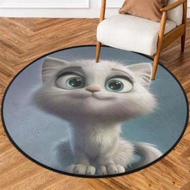 Imagem de Tapete redondo branco animal gato macio tapete de área antiderrapante lavável tapete circular para interior quarto berçário sala de estar cozinha banheiro entrada decoração de casa