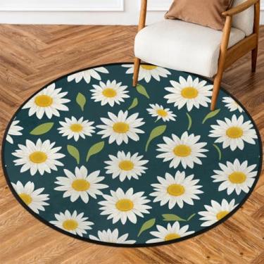 Imagem de Tapete redondo de 1,5 m flor margarida verde branco macio tapete circular antiderrapante lavável tapete redondo interior quarto berçário sala de estar cozinha banheiro entrada casa tapete decoração
