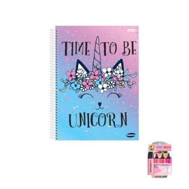 Imagem de Kit Caderno Feminino 1 Matéria 96 Folhas KBOM + Caneta Point 88 0.4mm + Marca Texto Boss 4 Cores