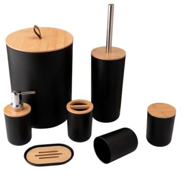 Imagem de Kit Banheiro Completo 6 Peças Preto com Bambu - Lixeira, Dispenser, Porta Escova, Saboneteira - Conjunto Moderno Minimalista para Lavabo